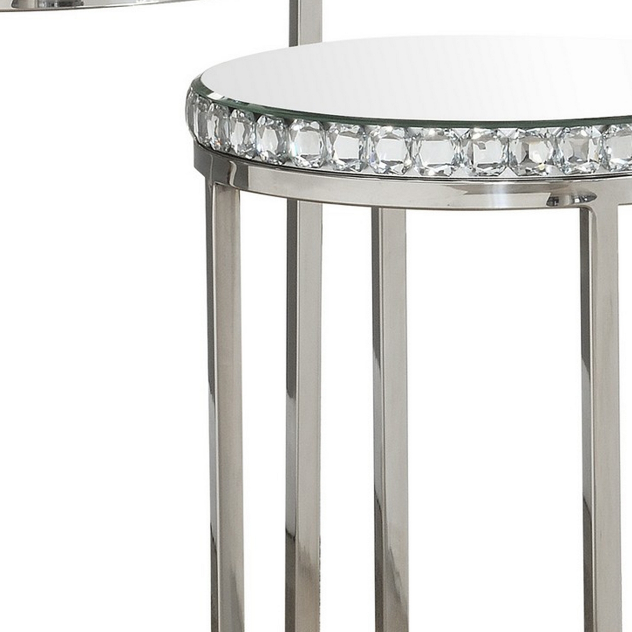 24 Inch Nesting Accent Tables, Mirrored Gemstone Trim, Set Of 2, Silver
