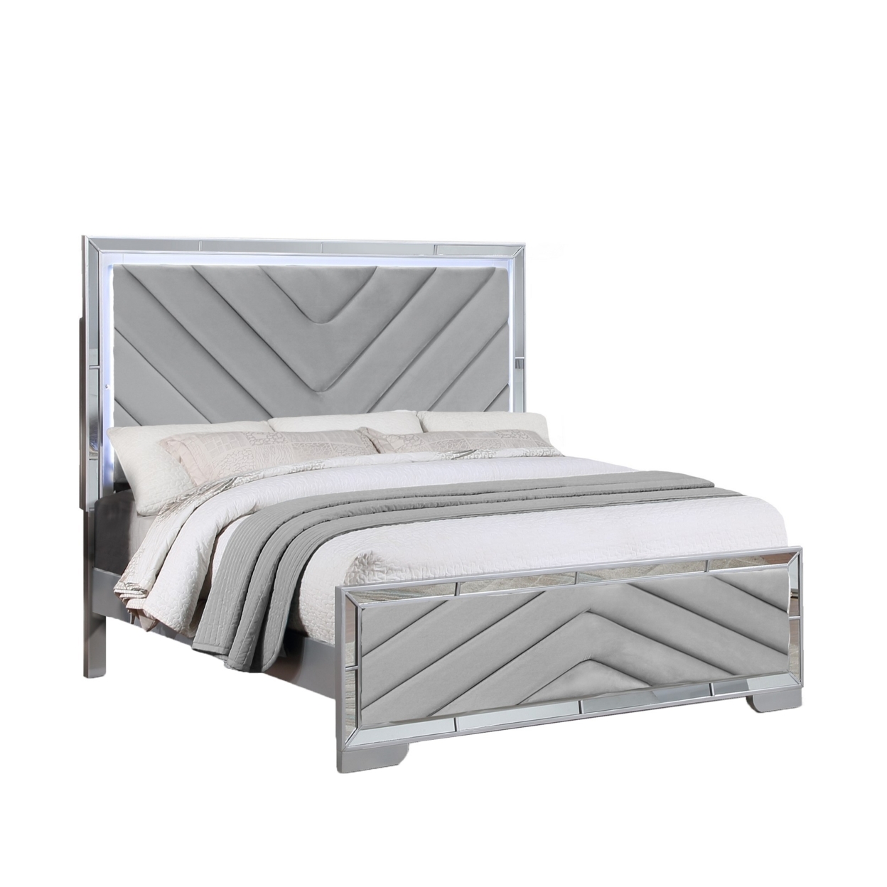 Koi Pine Wood Queen Bed, Velvet Upholstered, V Channel Tufting, Silver, Saltoro Sherpi