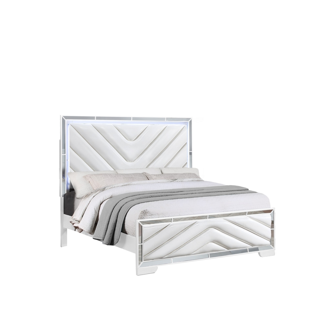 Koi Pine Wood Queen Bed, Velvet Upholstered, V Channel Tufting, White, Saltoro Sherpi