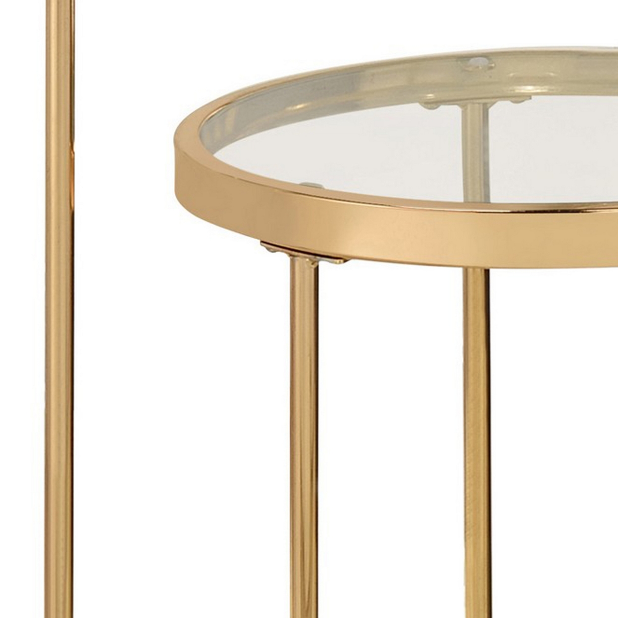 23 Inch Round Nesting Tables, Glass, Metal Base, Set Of 2, Gold, Clear