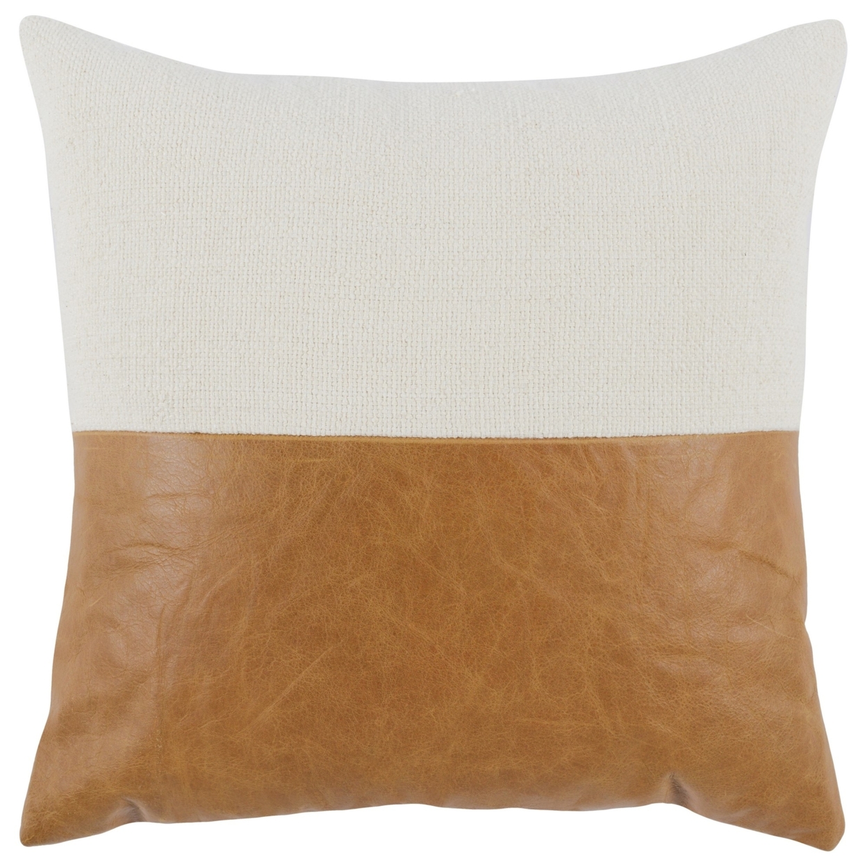 20 X 20 Throw Pillow, Genuine Leather Cover, Dual Tone, Brown And White, Saltoro Sherpi
