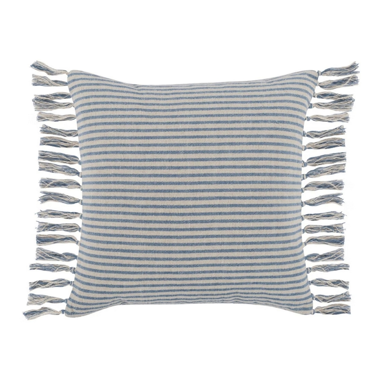 20 X 20 Modern Throw Pillow, Cotton Linen, Woven Stripes, Tassels, Blue, Saltoro Sherpi