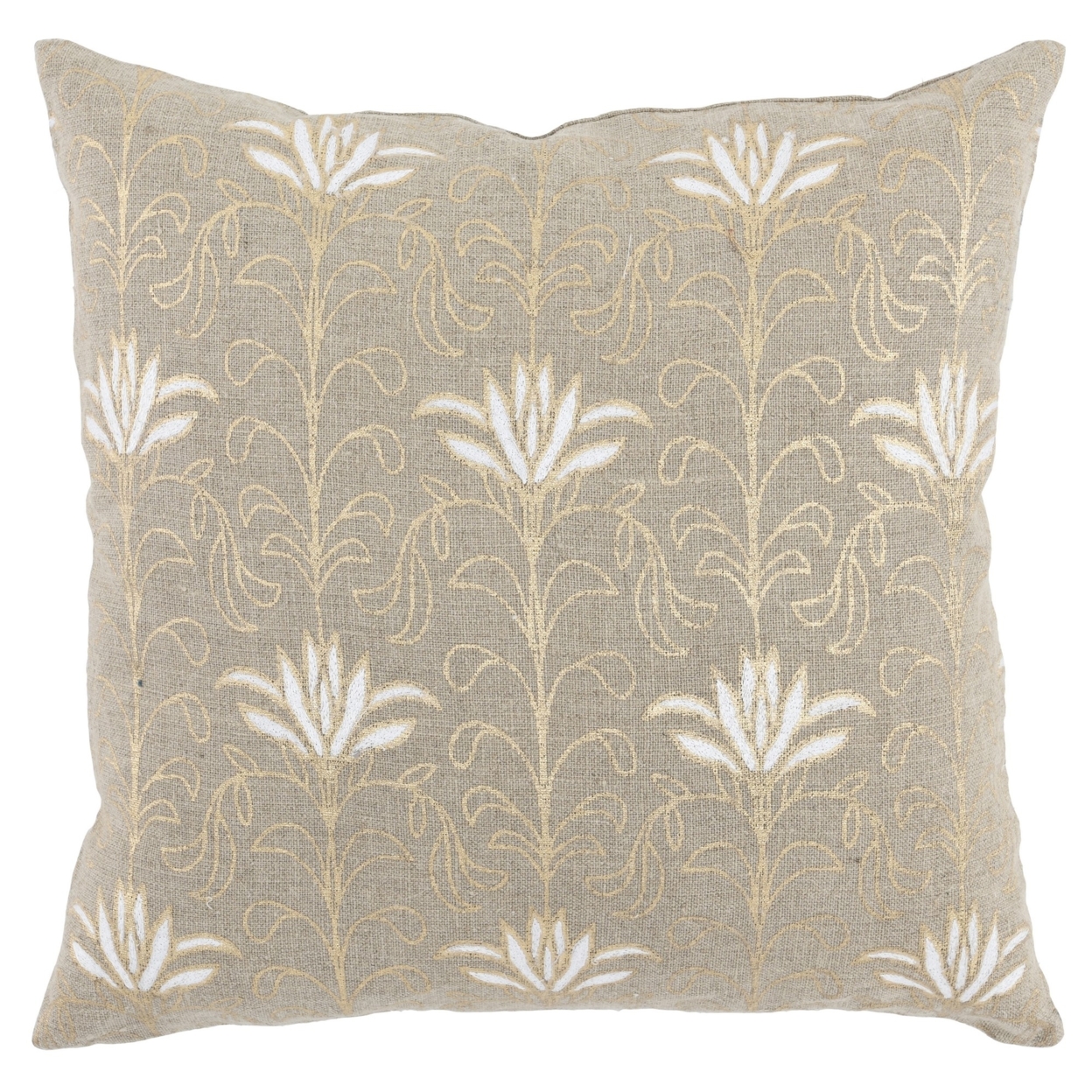 20 Inch Square Linen Accent Throw Pillow, Foil Design, Floral, Beige, Gold, Saltoro Sherpi