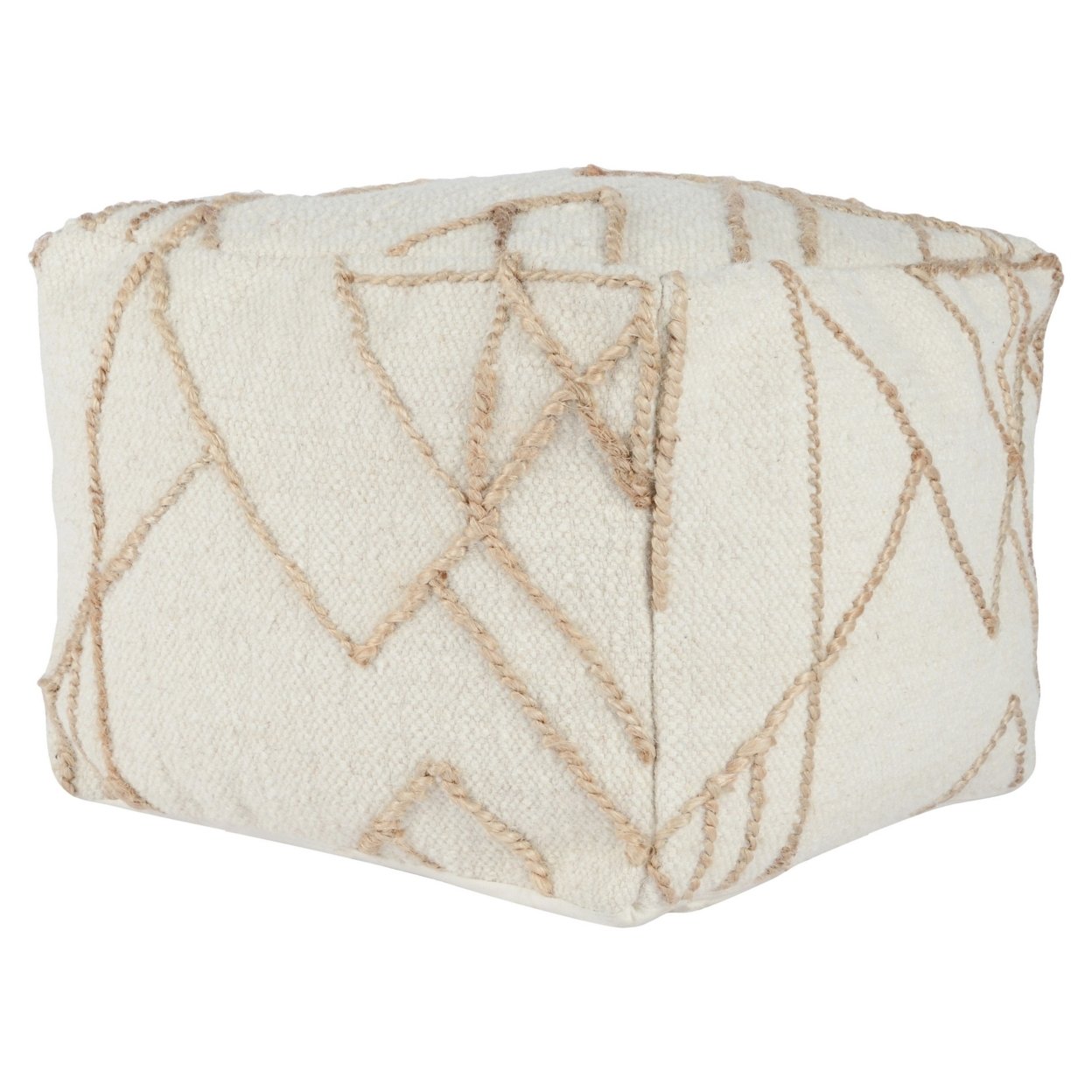 18 Inch Square Cube Accent Pouf, Woven Abstract Jute Embroidery, Off White, Saltoro Sherpi