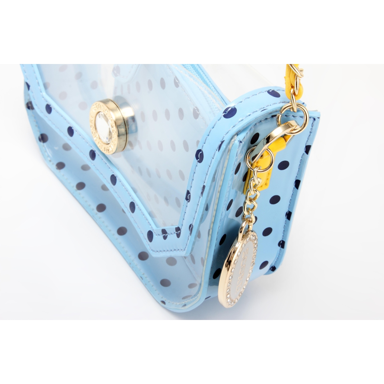 SCORE! Chrissy Small Designer Clear Crossbody Bag - Light Blue, Navy Blue And Yellow Gold