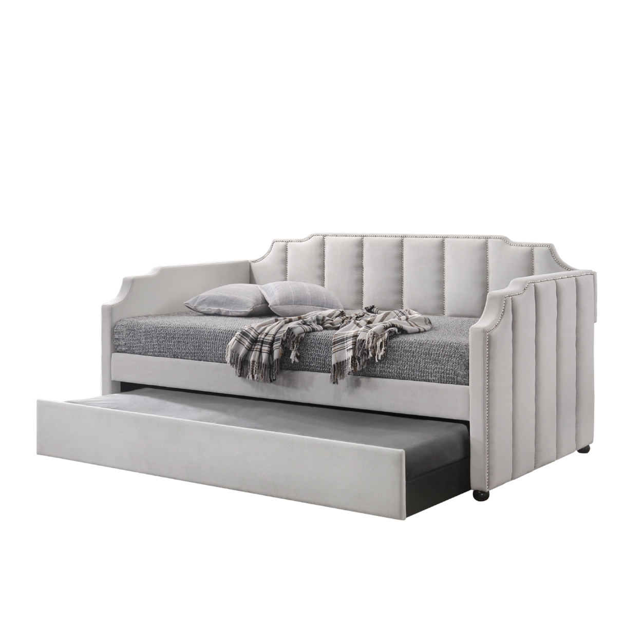 Fabric Twin Size Daybed With Channel Tufting And Nailhead Trim, Gray- Saltoro Sherpi