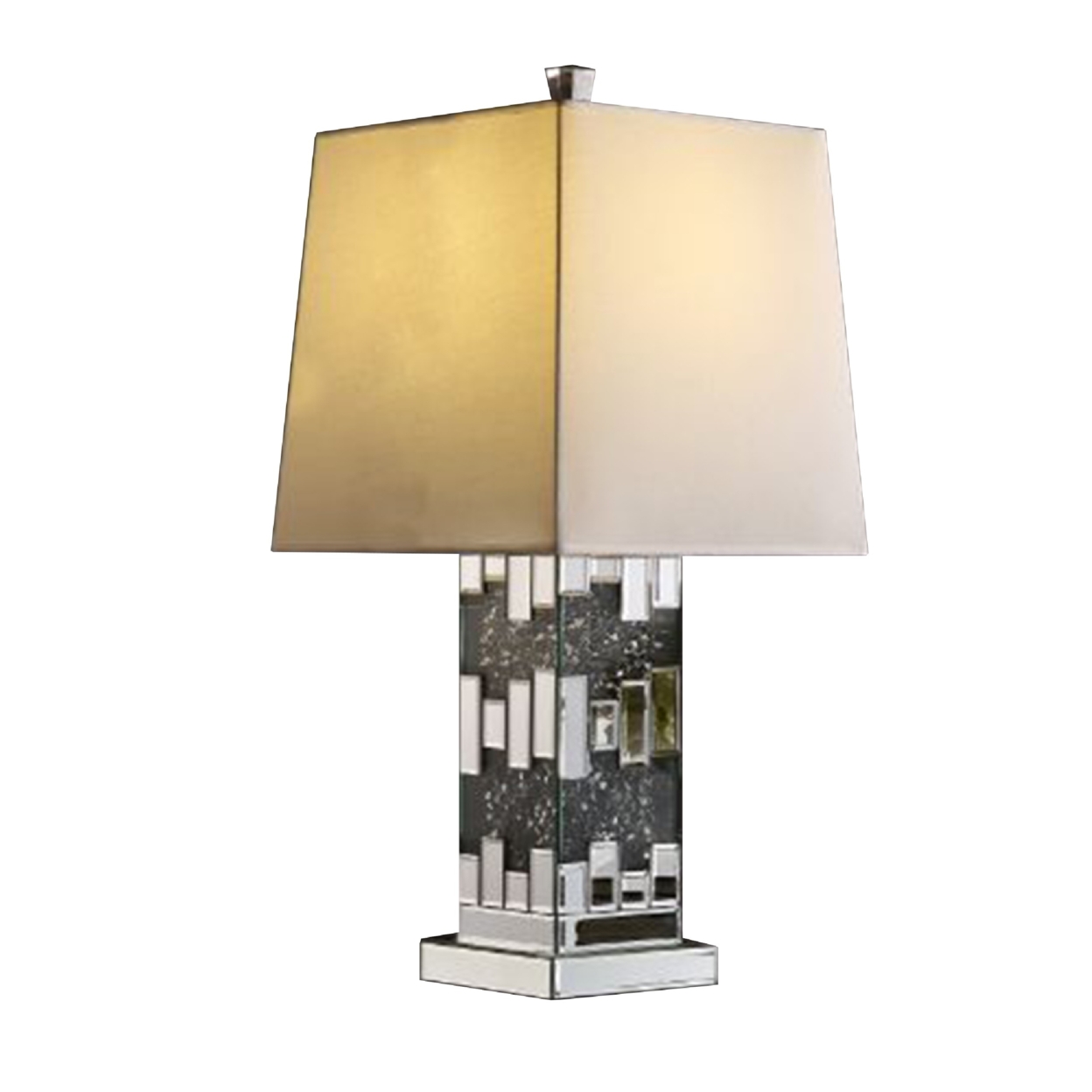 Table Lamp With Cuboid Shape And Mirrored Trim, Silver- Saltoro Sherpi