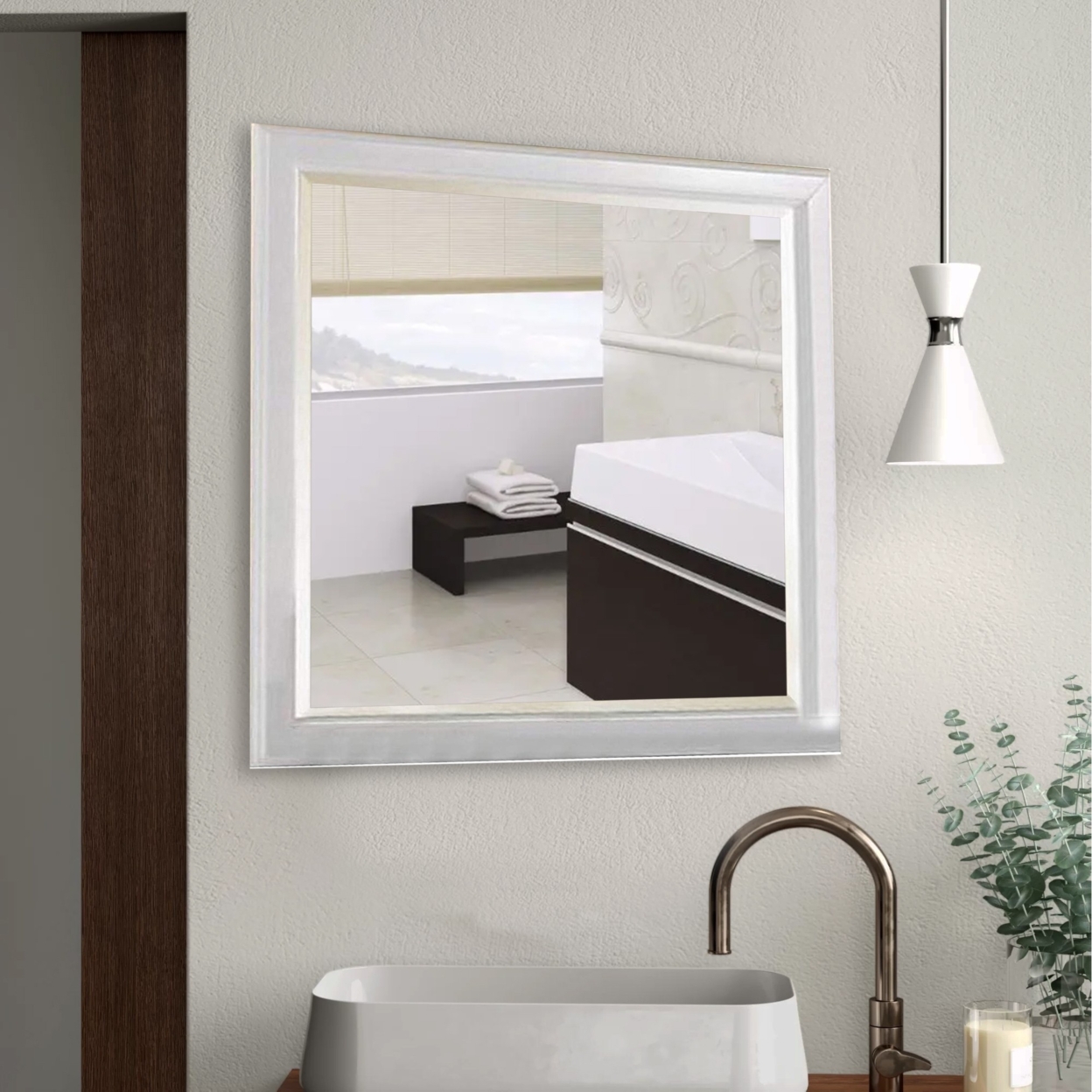 Wooden Wall Mirror With Rectangular Framework, White- Saltoro Sherpi