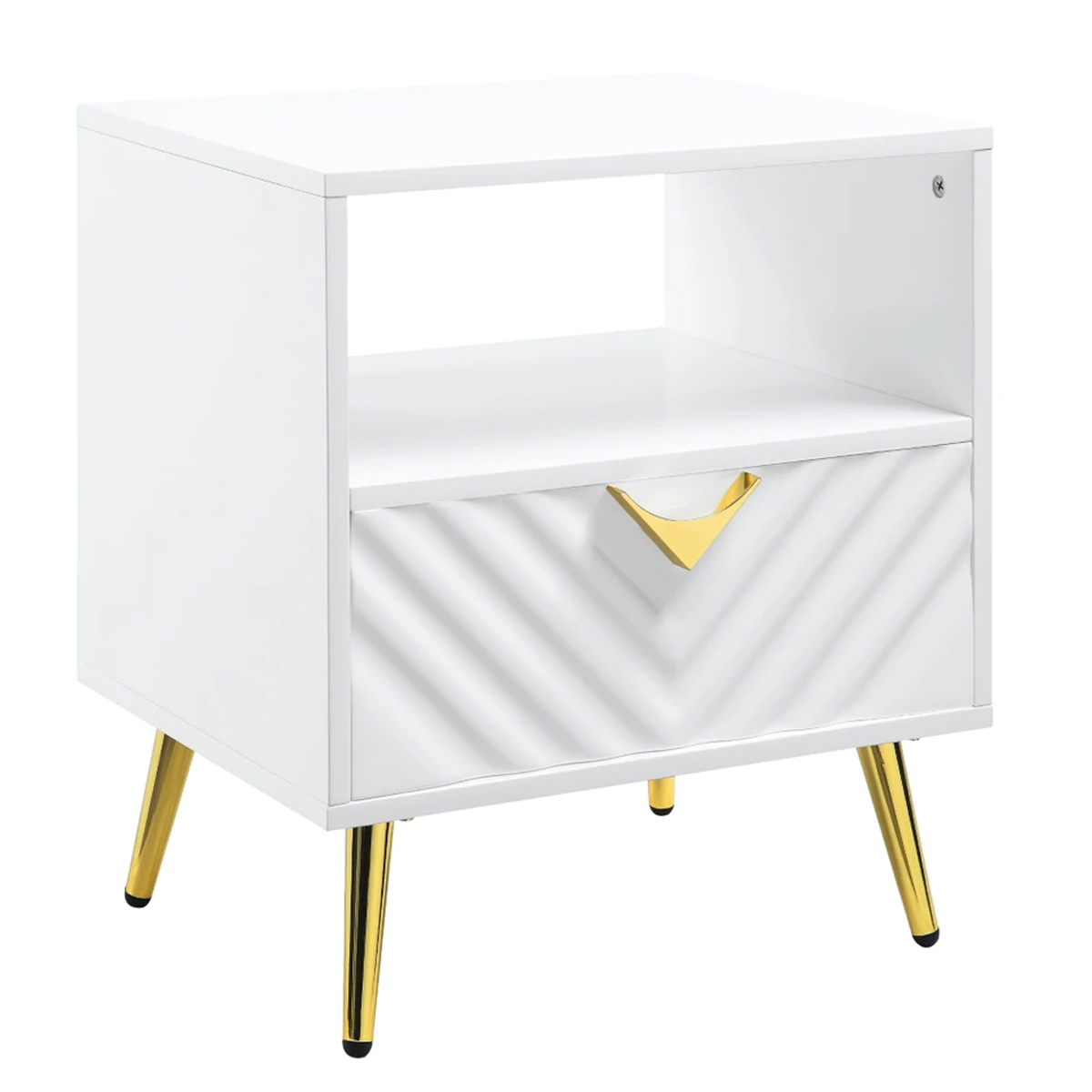Tyra 22 Inch Wood End Table With Open Space, Wave Pattern, White, Gold- Saltoro Sherpi