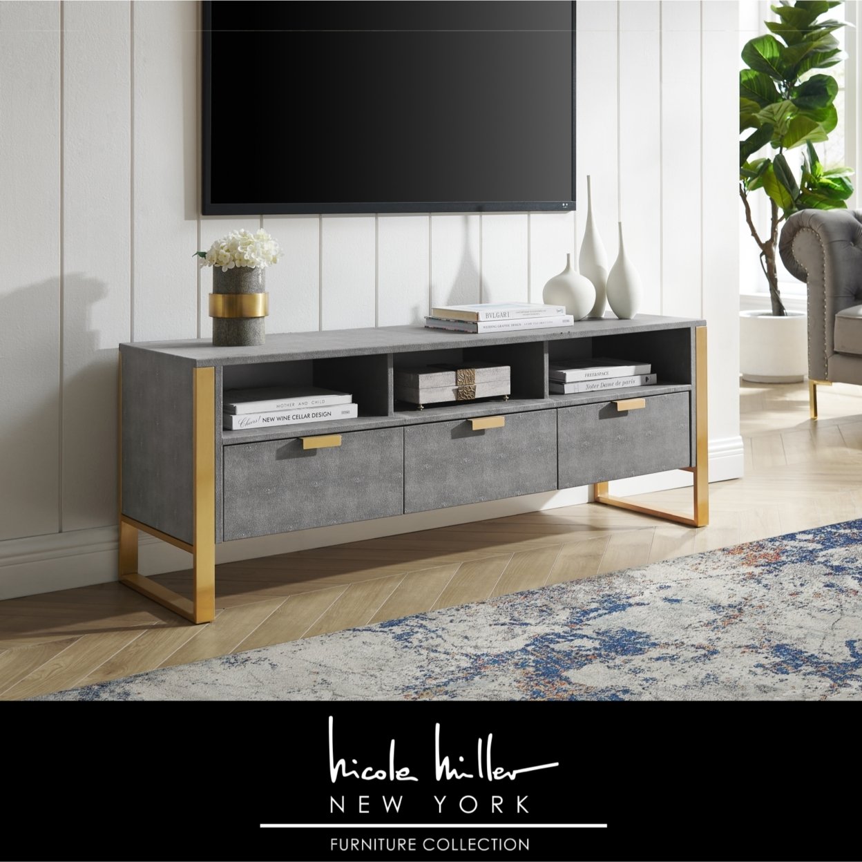 Isidro TV Stand - 3 Drawers , Brushed Gold/Chrome Base And Handles , Stainless Steel Base - Grey/gold