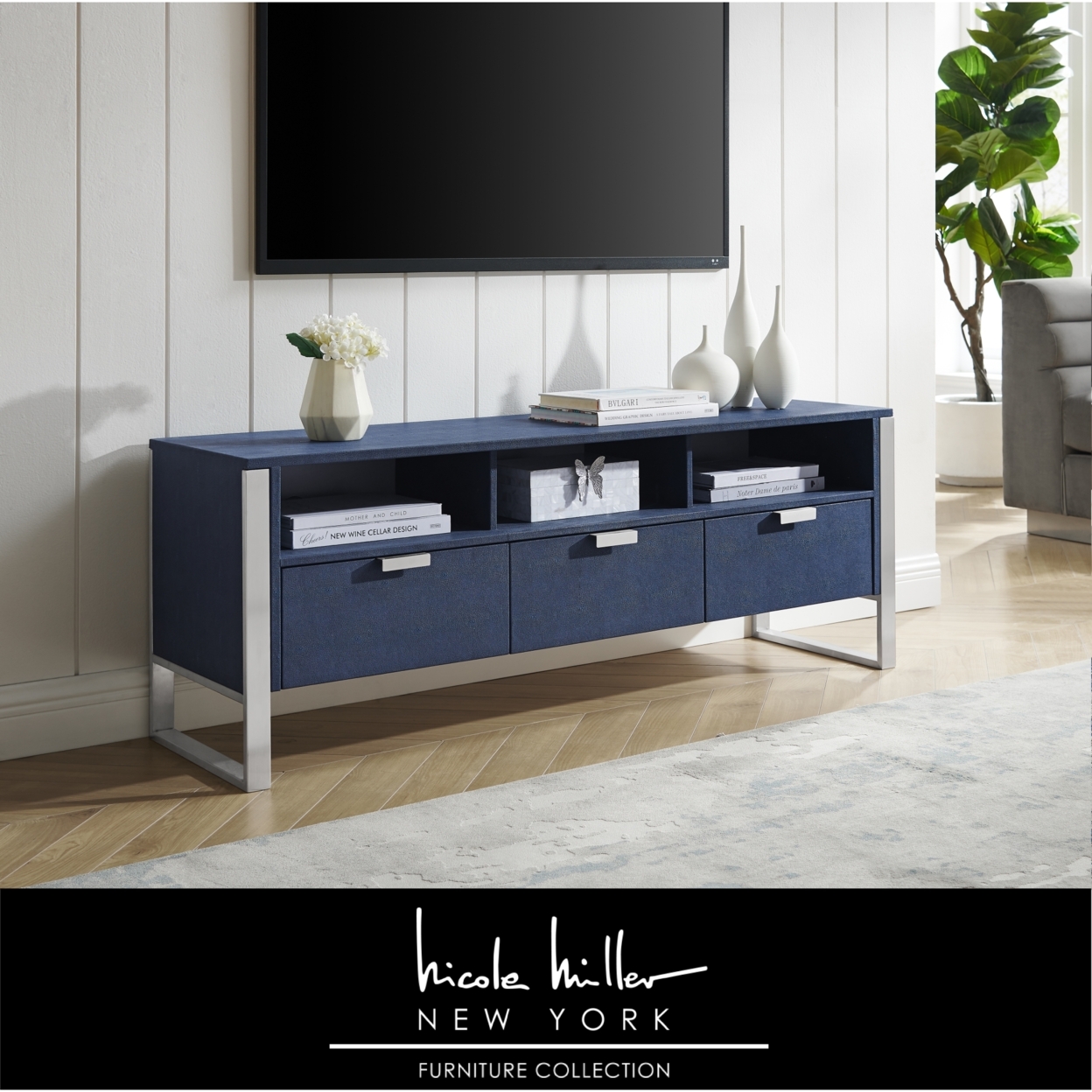 Isidro TV Stand - 3 Drawers , Brushed Gold/Chrome Base And Handles , Stainless Steel Base - Grey/gold
