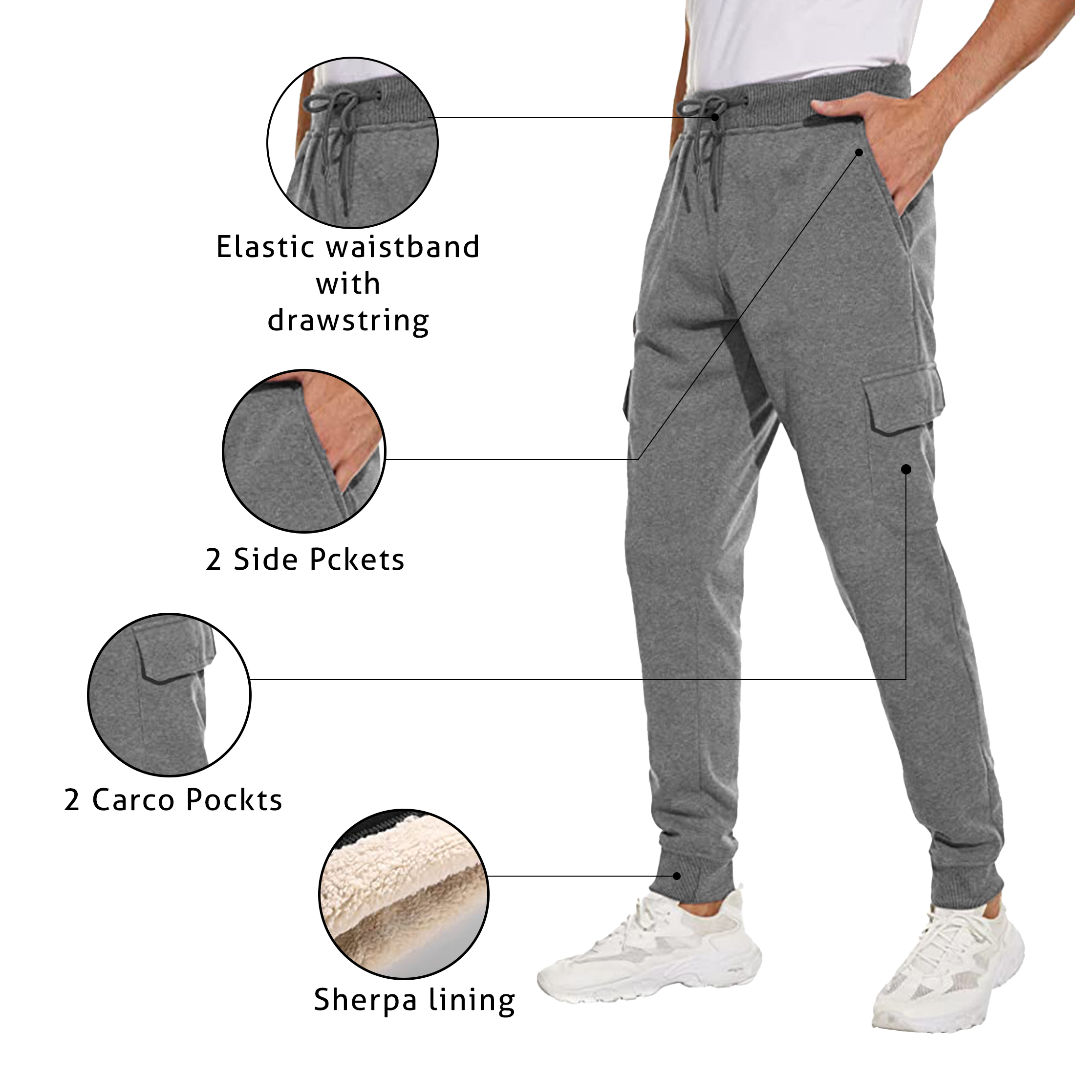 2-Pack: Men's Solid Sherpa-Lined Cargo Sweatpants With Pockets - L