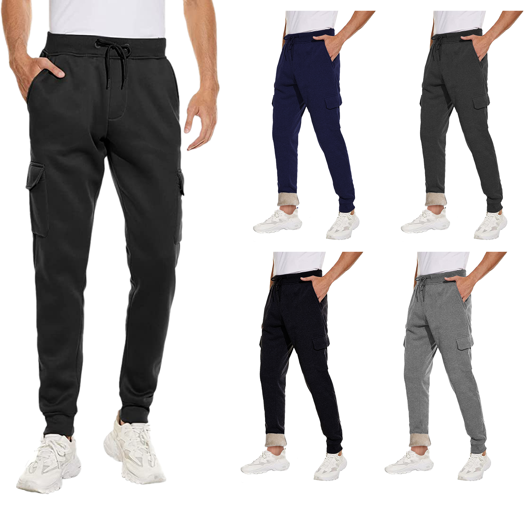 2-Pack: Men's Solid Sherpa-Lined Cargo Sweatpants With Pockets - M