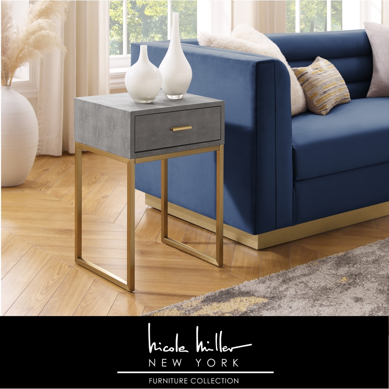 Isidro End Table - 1 Drawer , Brushed Gold/Chrome Base And A Handle , Stainless Steel Base - Grey/gold
