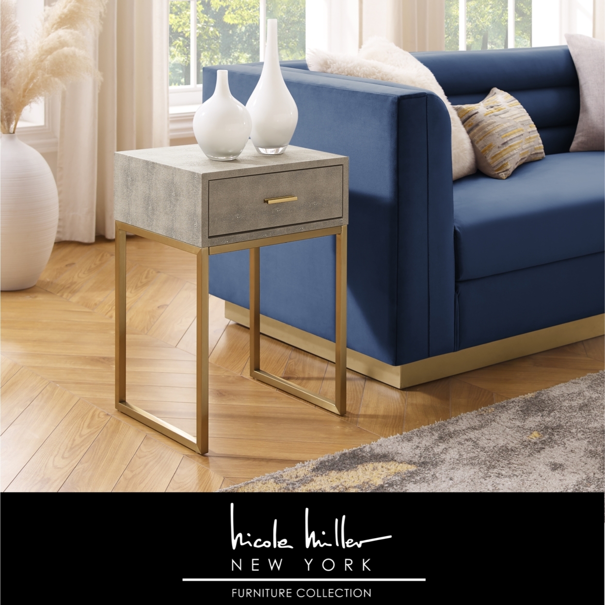 Isidro End Table - 1 Drawer , Brushed Gold/Chrome Base And A Handle , Stainless Steel Base - Navy/chrome