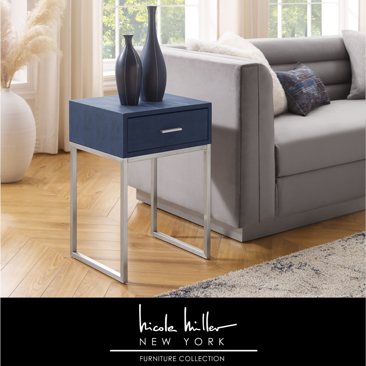 Isidro End Table - 1 Drawer , Brushed Gold/Chrome Base And A Handle , Stainless Steel Base - Navy/chrome