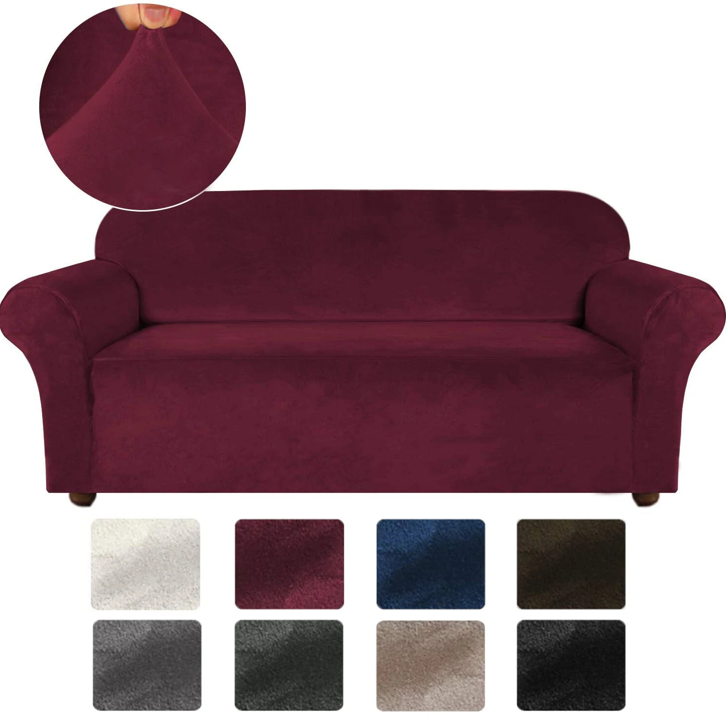 4 Seater Velvet Sofa Cover Solid Colour Thicken Plush Anti-slip Super Soft - wine red