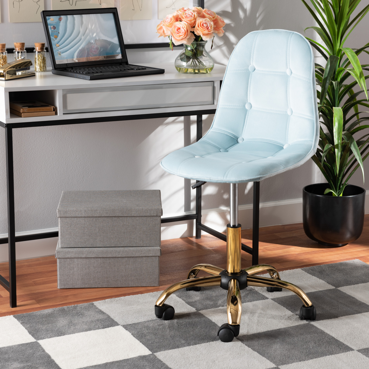 Baxton Studio Kabira Contemporary Glam and Luxe Aqua Velvet Fabric and Gold Metal Swivel Office chair