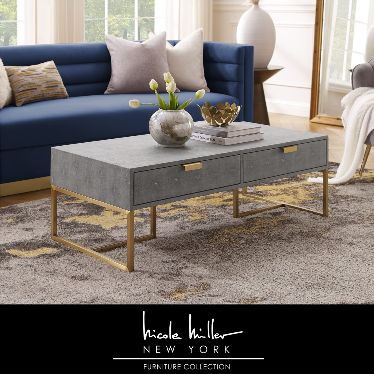Isidro Coffee Table - 2 Drawers , Brushed Gold/Chrome Base And Handles , Stainless Steel Base - Grey/gold