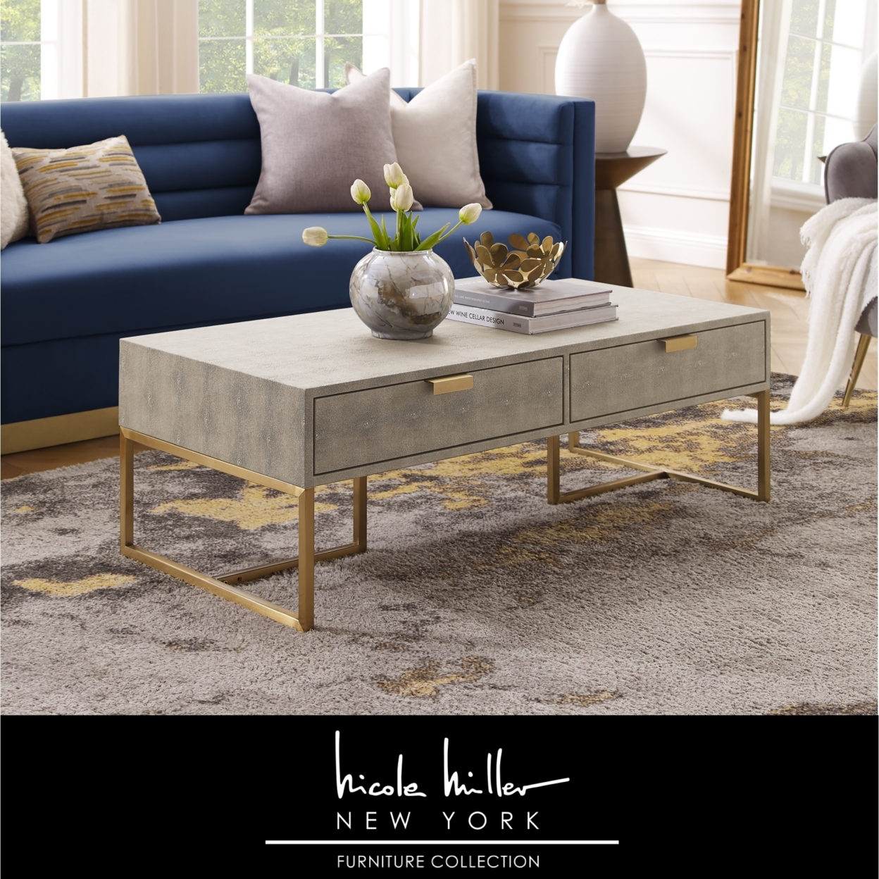 Isidro Coffee Table - 2 Drawers , Brushed Gold/Chrome Base And Handles , Stainless Steel Base - Cream White/gold