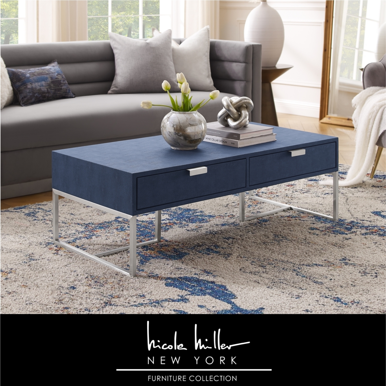 Isidro Coffee Table - 2 Drawers , Brushed Gold/Chrome Base And Handles , Stainless Steel Base - Navy/chrome