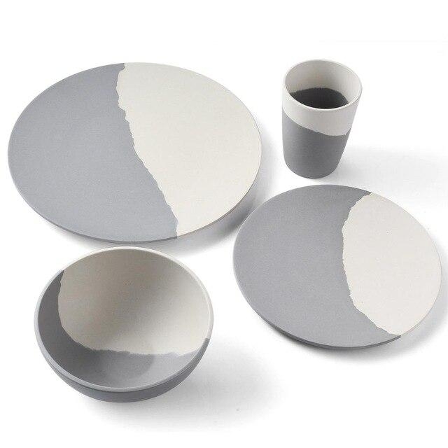 Grey And White Bamboo Fibre 4pcs or 8pcs Tableware Set Home Dinnerware - 4 piece set