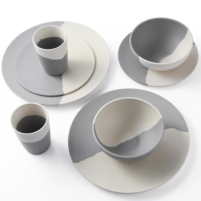Grey And White Bamboo Fibre 4pcs or 8pcs Tableware Set Home Dinnerware - 8 piece set