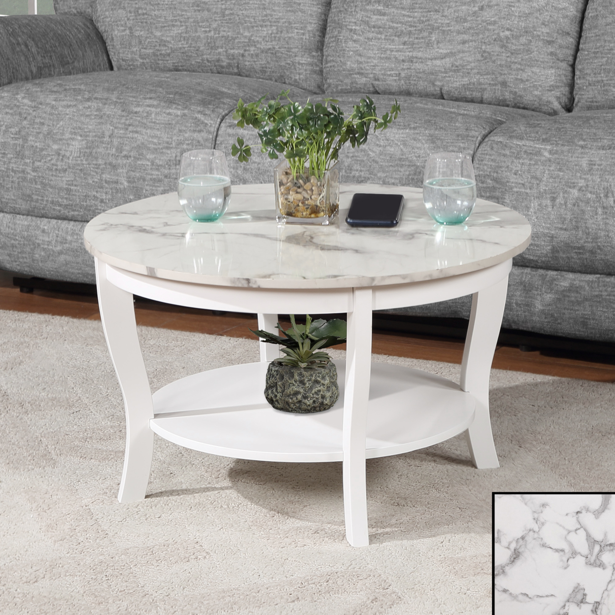 American Heritage Round Coffee Table with Shelf, Marble
