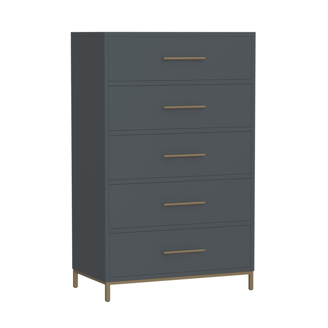 Max 48 Inch 5 Drawer Tall Dresser Chest, Brass Metal Frame, Slate Gray- Saltoro Sherpi