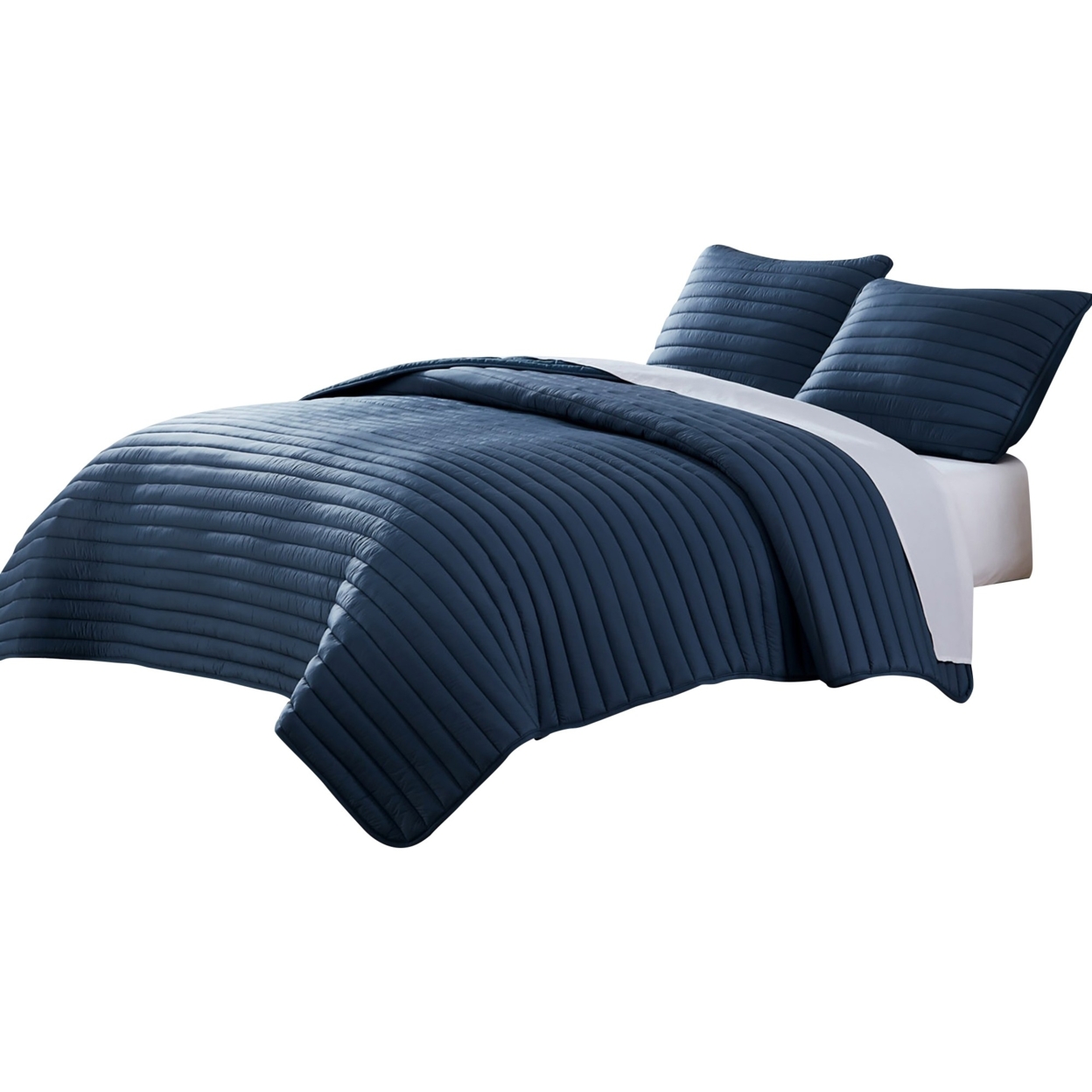 Cabe 3 Piece Queen Comforter Set, Polyester Puffer Channel Quilt, Navy Blue- Saltoro Sherpi