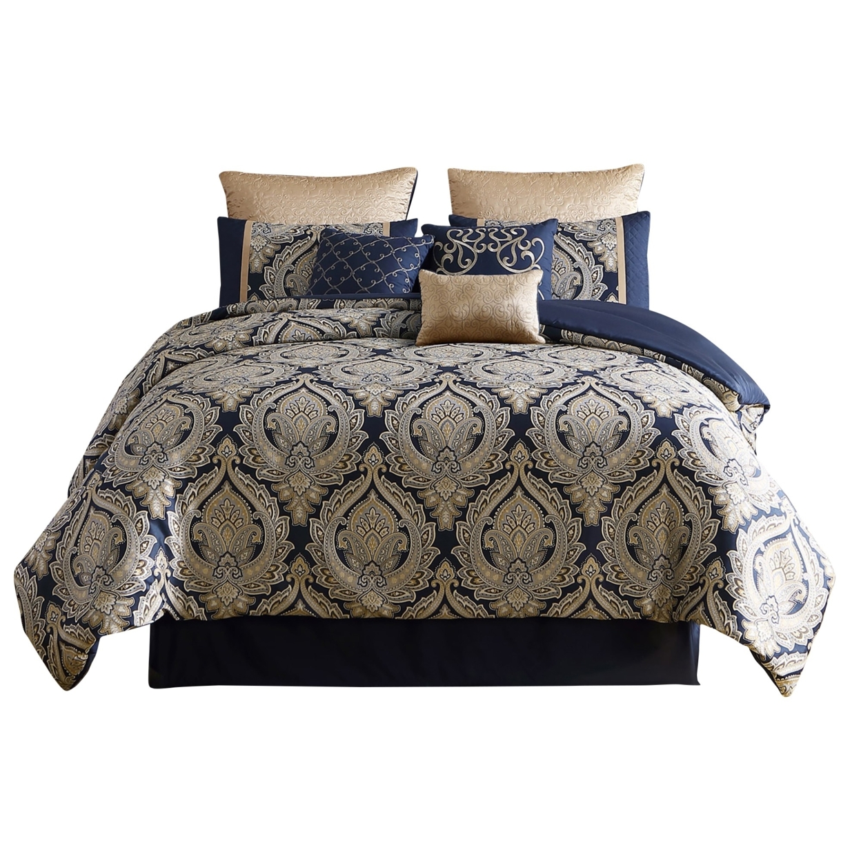 Nova 10 Piece Polyester King Comforter Set, Gold Damask Print, Navy Blue- Saltoro Sherpi