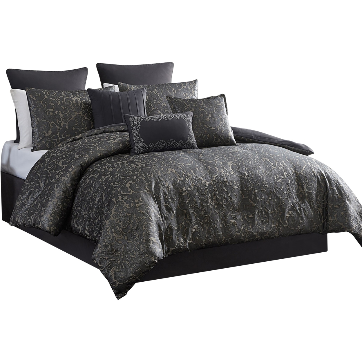 Pixie 10 Piece Polyester King Comforter Set, Damask Pattern, Charcoal Gray- Saltoro Sherpi