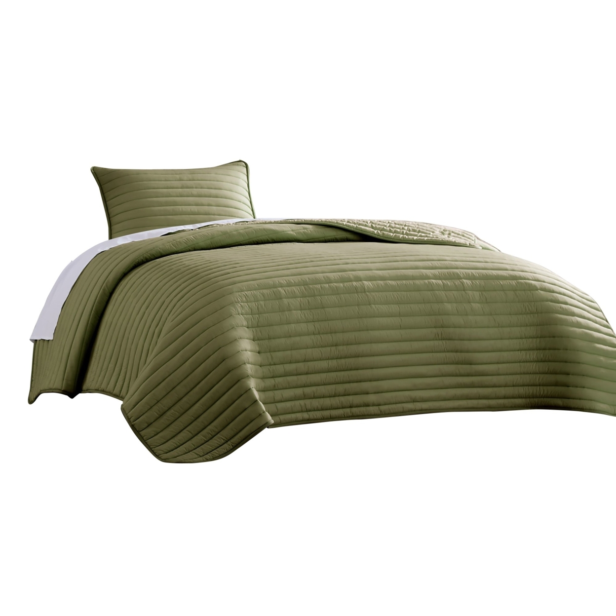 Cabe 2 Piece Twin Comforter Set, Polyester Puffer Channel Quilted, Green- Saltoro Sherpi