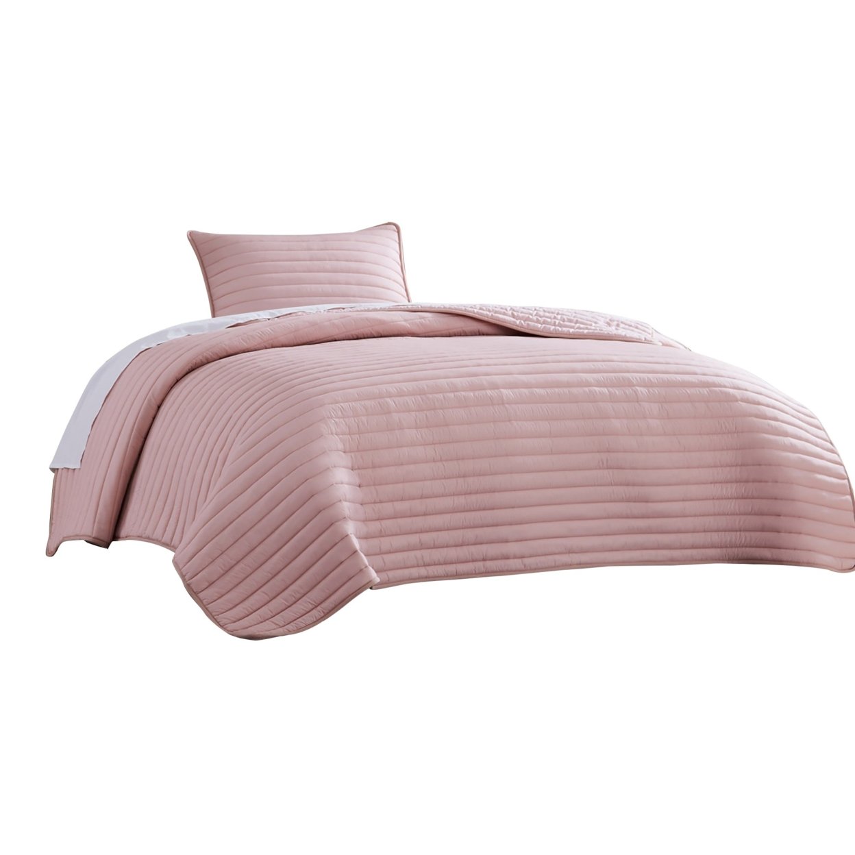 Cabe 2 Piece Twin Comforter Set, Polyester Puffer Channel Quilt, Rose Pink- Saltoro Sherpi