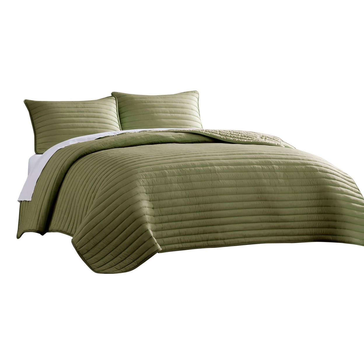Cabe 3 Piece Queen Comforter Set, Polyester Puffer Channel Quilted, Green- Saltoro Sherpi
