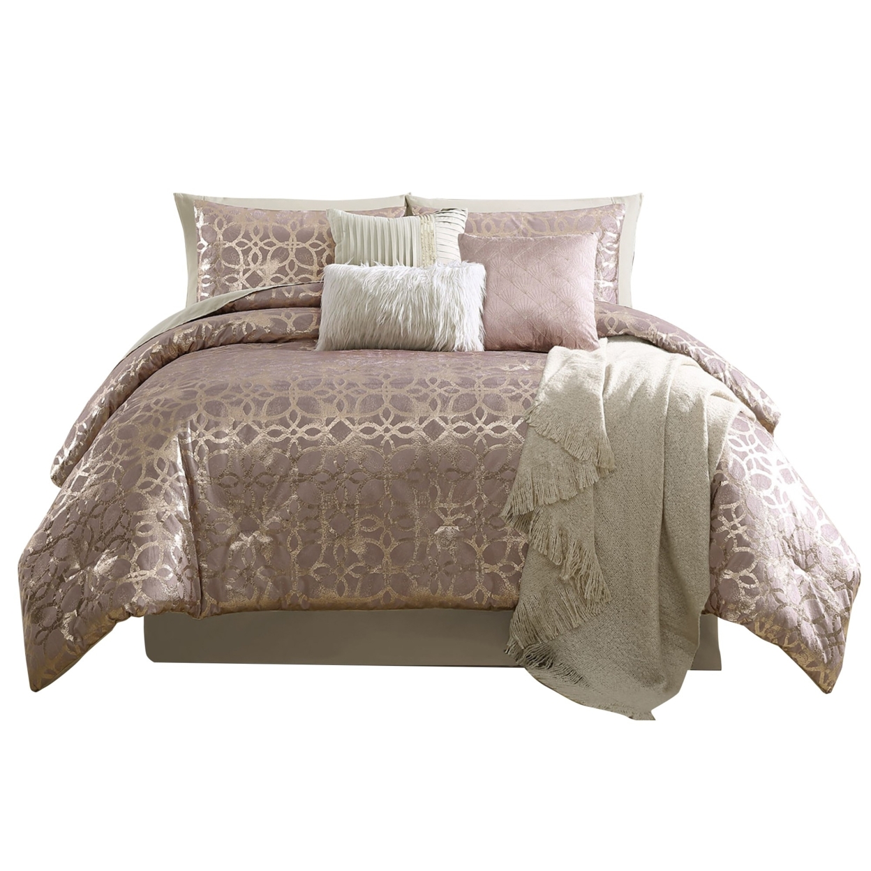 Eve 10 Piece Queen Size Poly Velvet Comforter Set, Foil Pattern, Blush Pink- Saltoro Sherpi