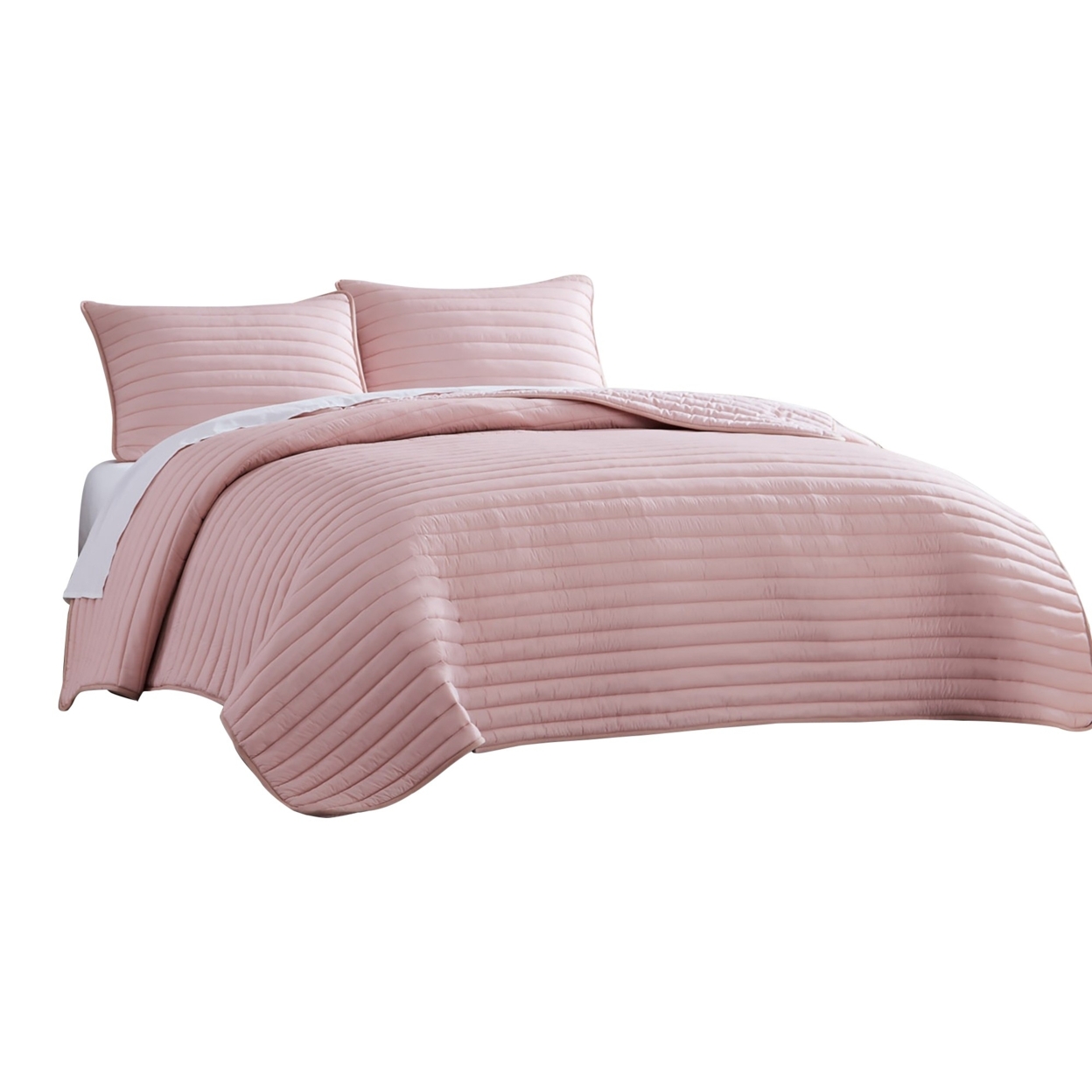 Cabe 3 Piece Queen Comforter Set, Polyester Puffer Channel Quilt, Rose Pink- Saltoro Sherpi