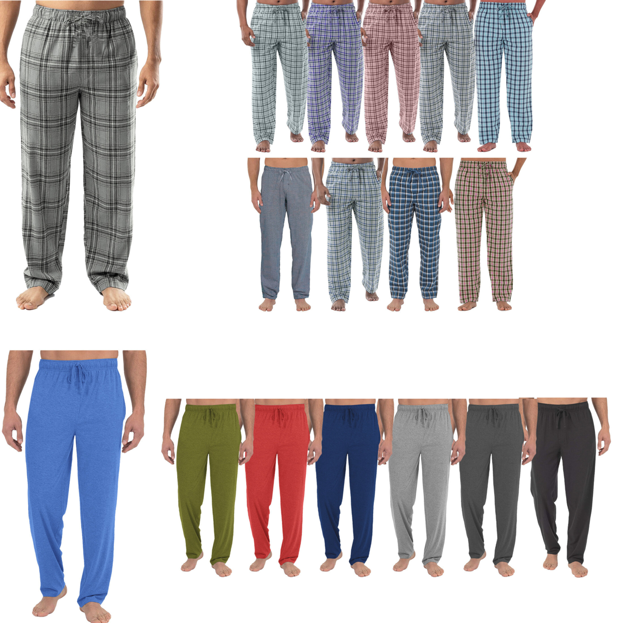 3-Pack: Men's Soft Jersey Knit Long Lounge Sleep Pants With Pockets - Solid & Plaid, Small