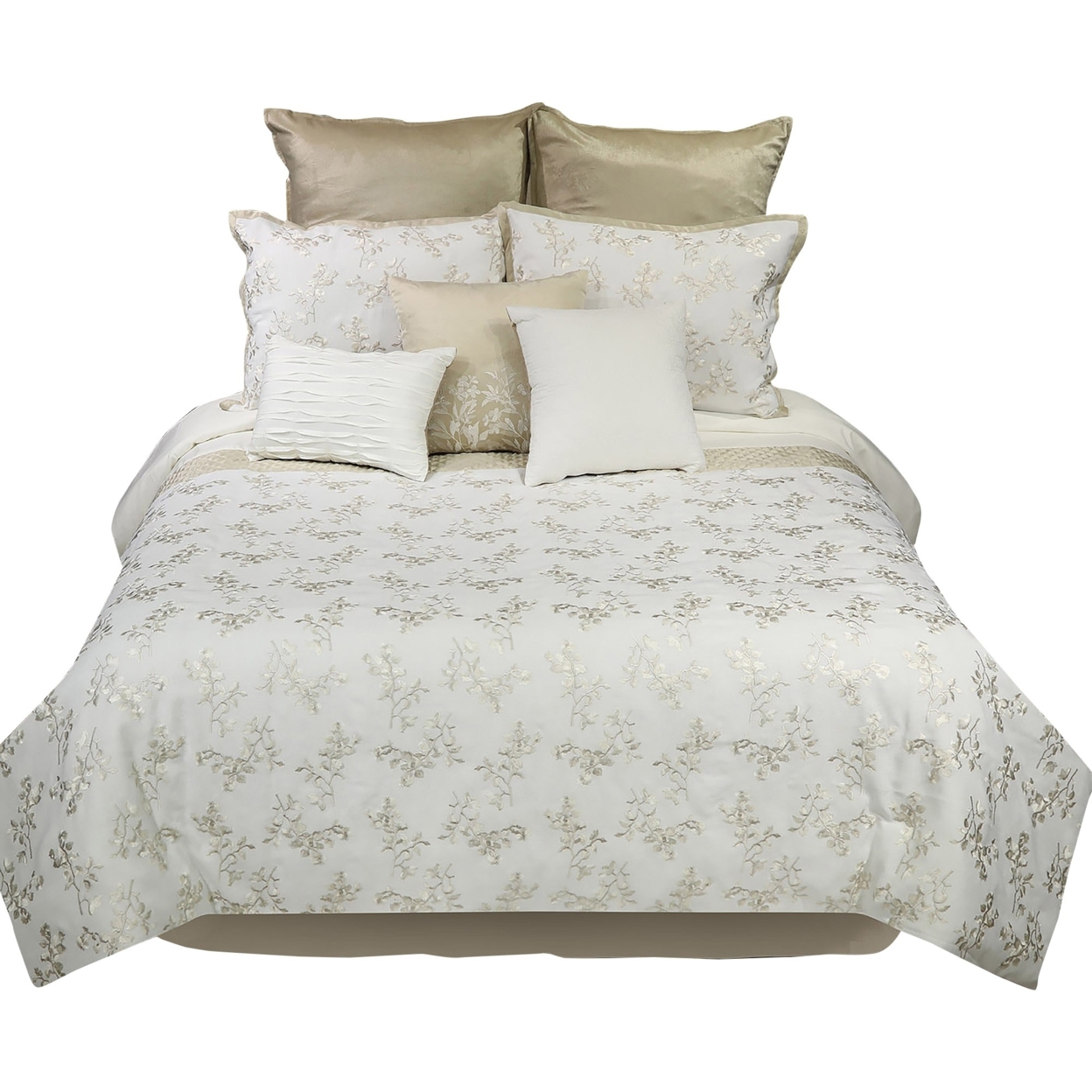 Zoey 9 Piece Polyester Queen Comforter Set, Gold Floral Design Print, White- Saltoro Sherpi