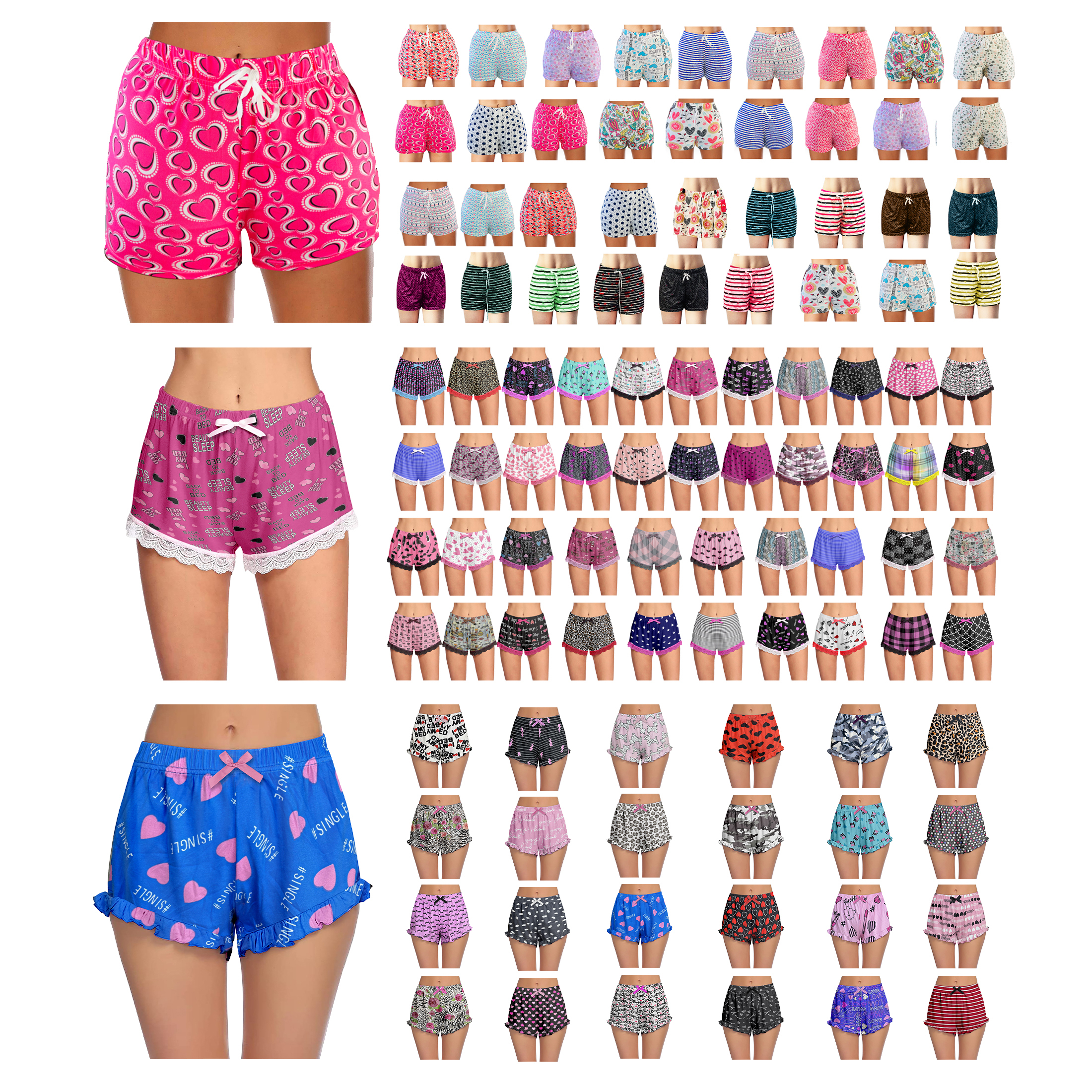 3-Pack: Women's Soft Comfy Printed Lounge Sleep Pajama Shorts - Laced Hem, Large
