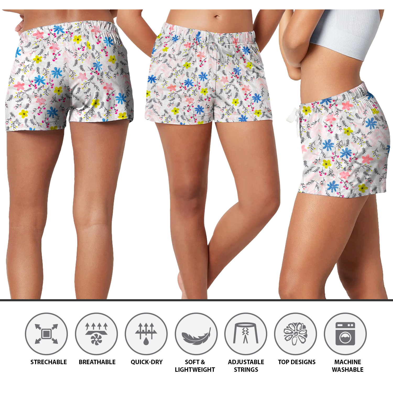 3-Pack: Women's Soft Comfy Printed Lounge Sleep Pajama Shorts - Plain Hem, X-Large