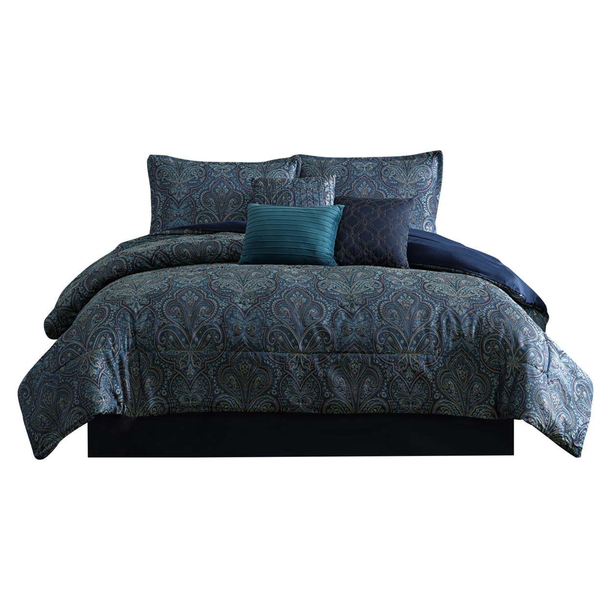 Clover 7 Piece Soft Polyester King Comforter Set, Jacquard Pattern, Teal- Saltoro Sherpi