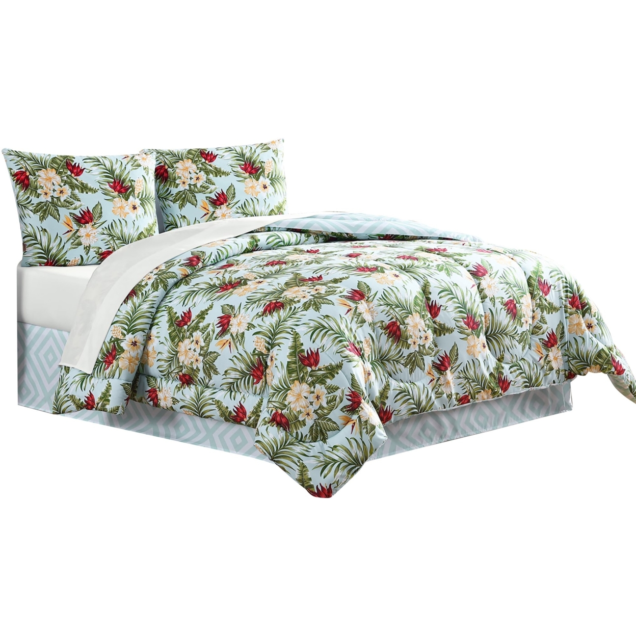 Elia 8 Piece Polyester King Comforter Set, Tropical Design, Green, White- Saltoro Sherpi