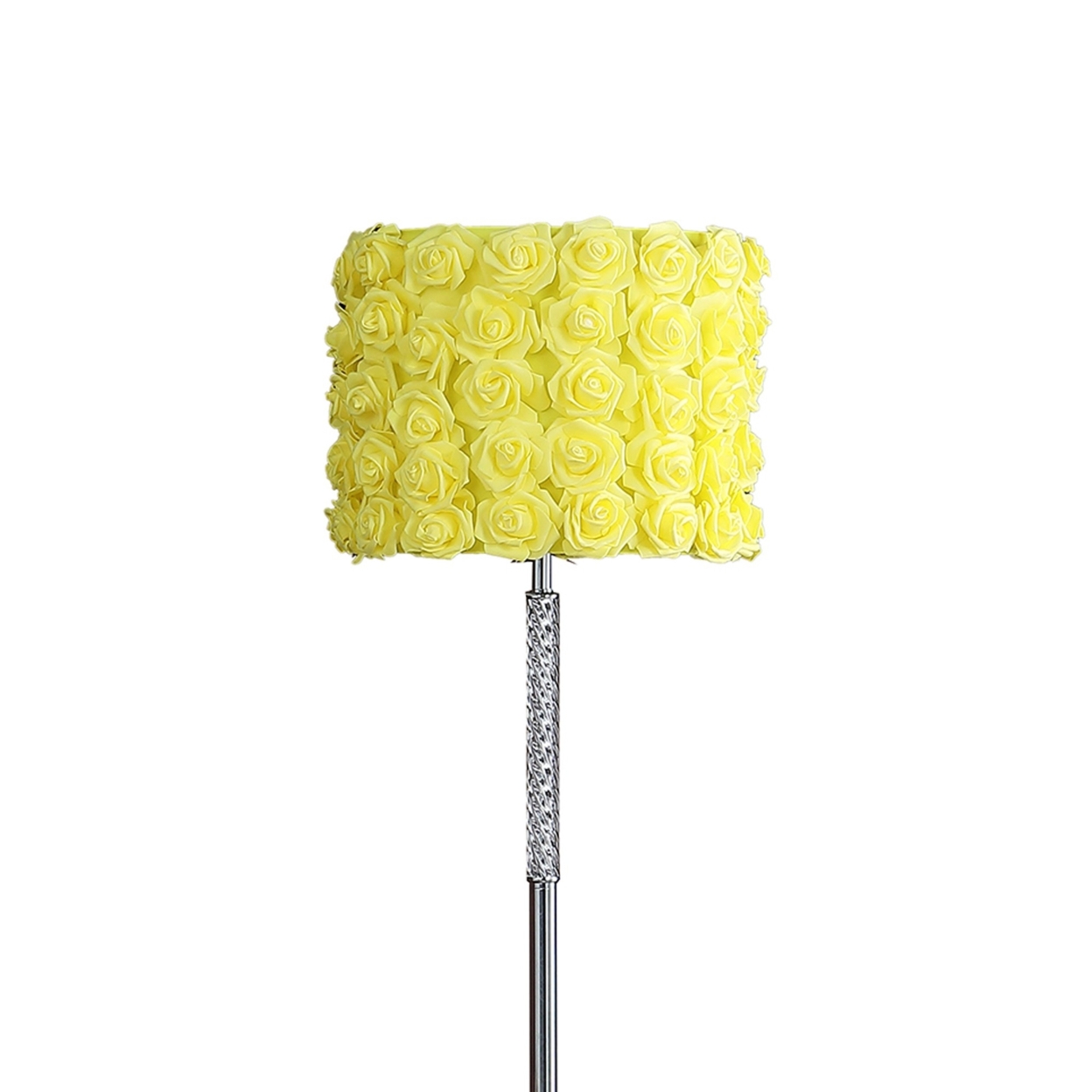 Finn 63 Inch Glamorous Floor Lamp, Rose Accent Shade, 100W, Yellow, Silver- Saltoro Sherpi