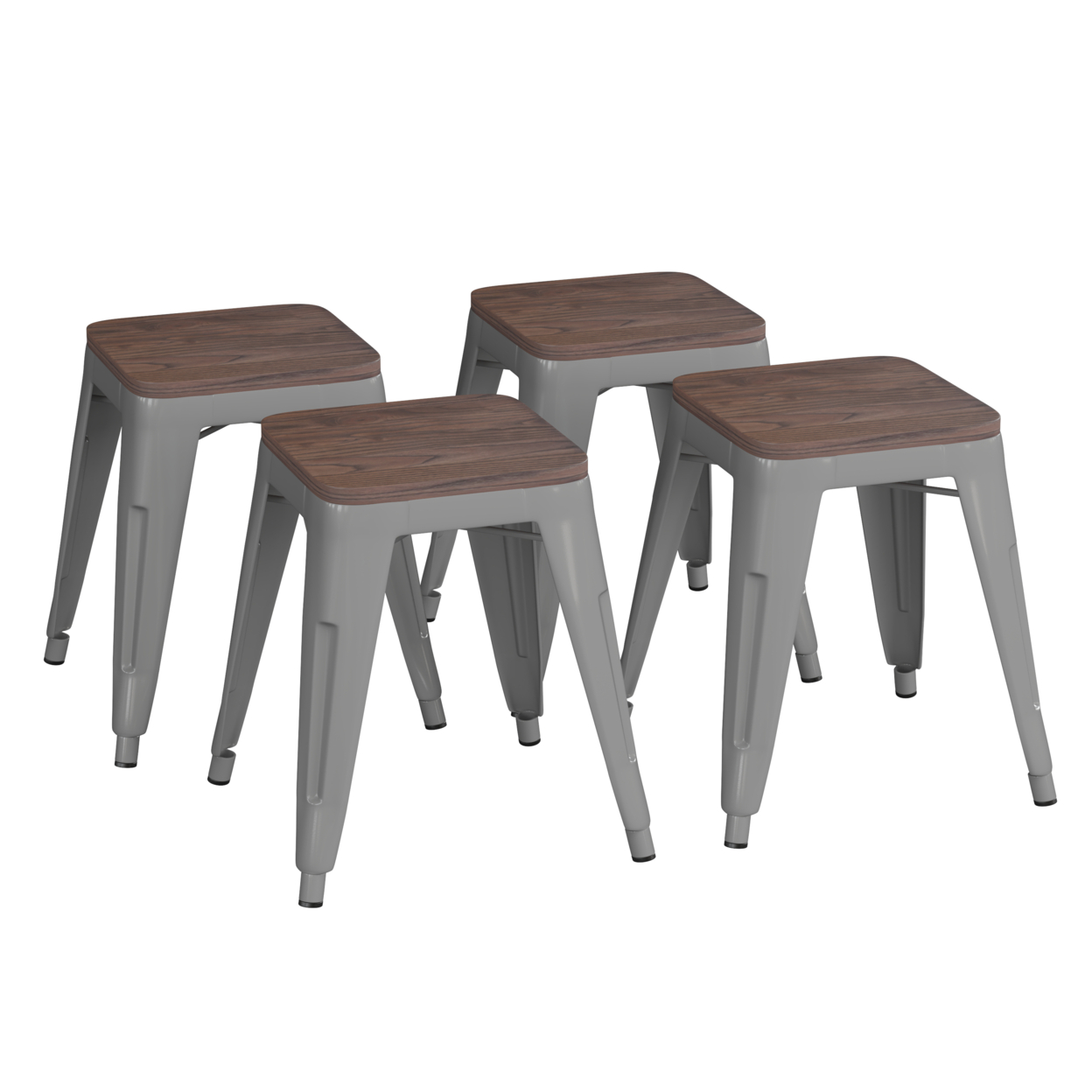 18 Backless Table Height Stool With Wooden Seat, Stackable Silver Metal Indoor Dining Stool, Commercial Grade - Set Of 4