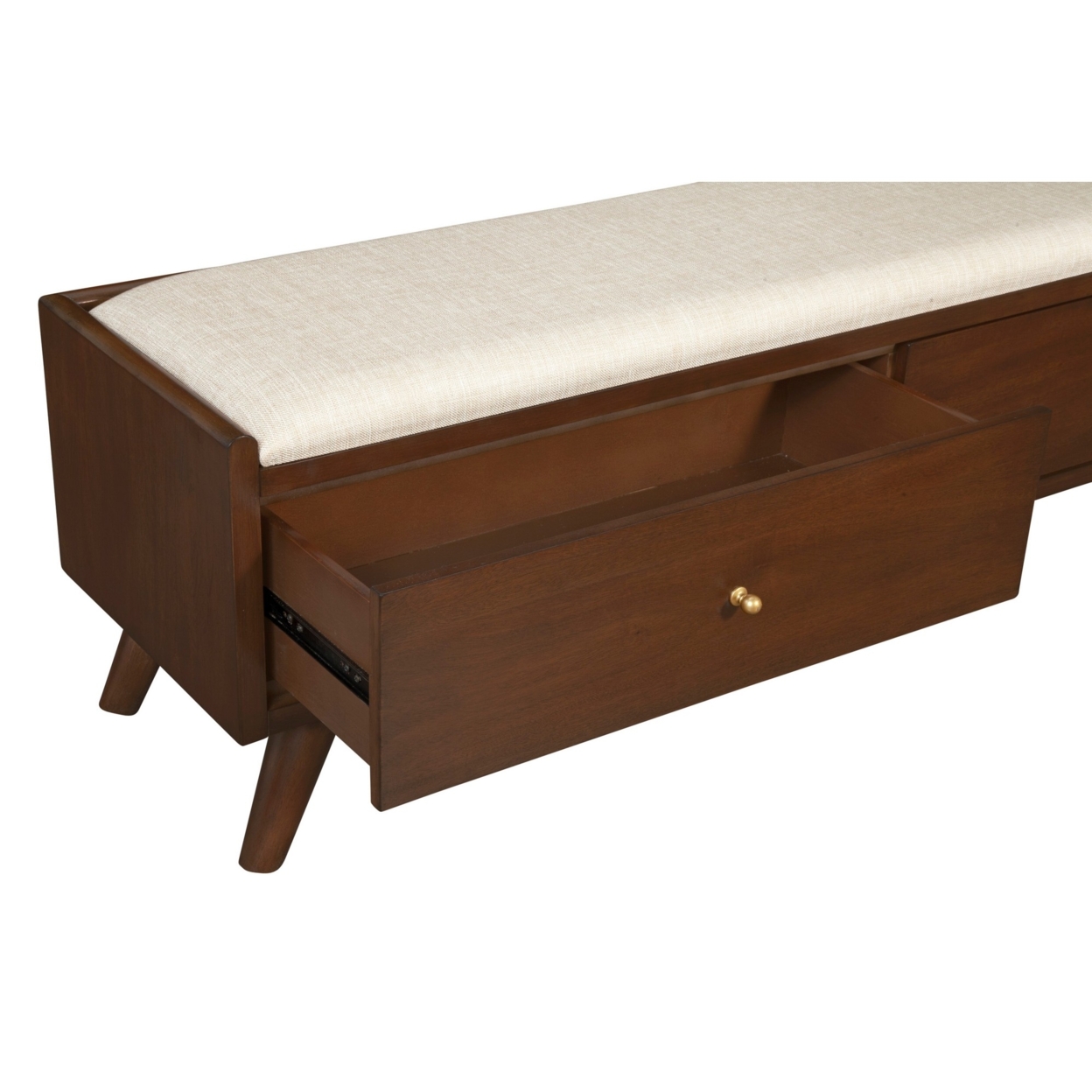 Ian 59 Inch 2 Drawer Accent Bench, Beige Seat, Mahogany Wood, Walnut Brown- Saltoro Sherpi