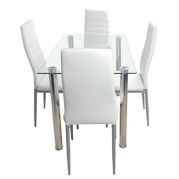110cm Dining Table Set Tempered Glass Dining Table with 4pcs Chairs Transparent & Creamy White