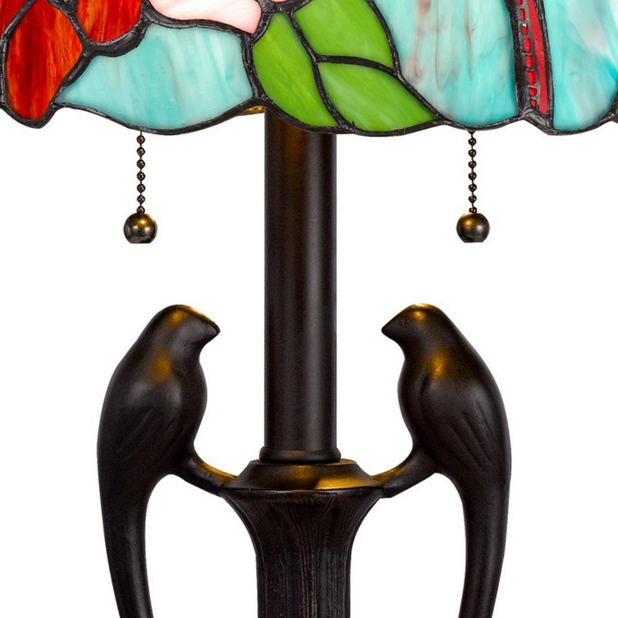 22 Inch Classic Table Lamp, Bird Art Stained Glass Shade, Antique Bronze- Saltoro Sherpi