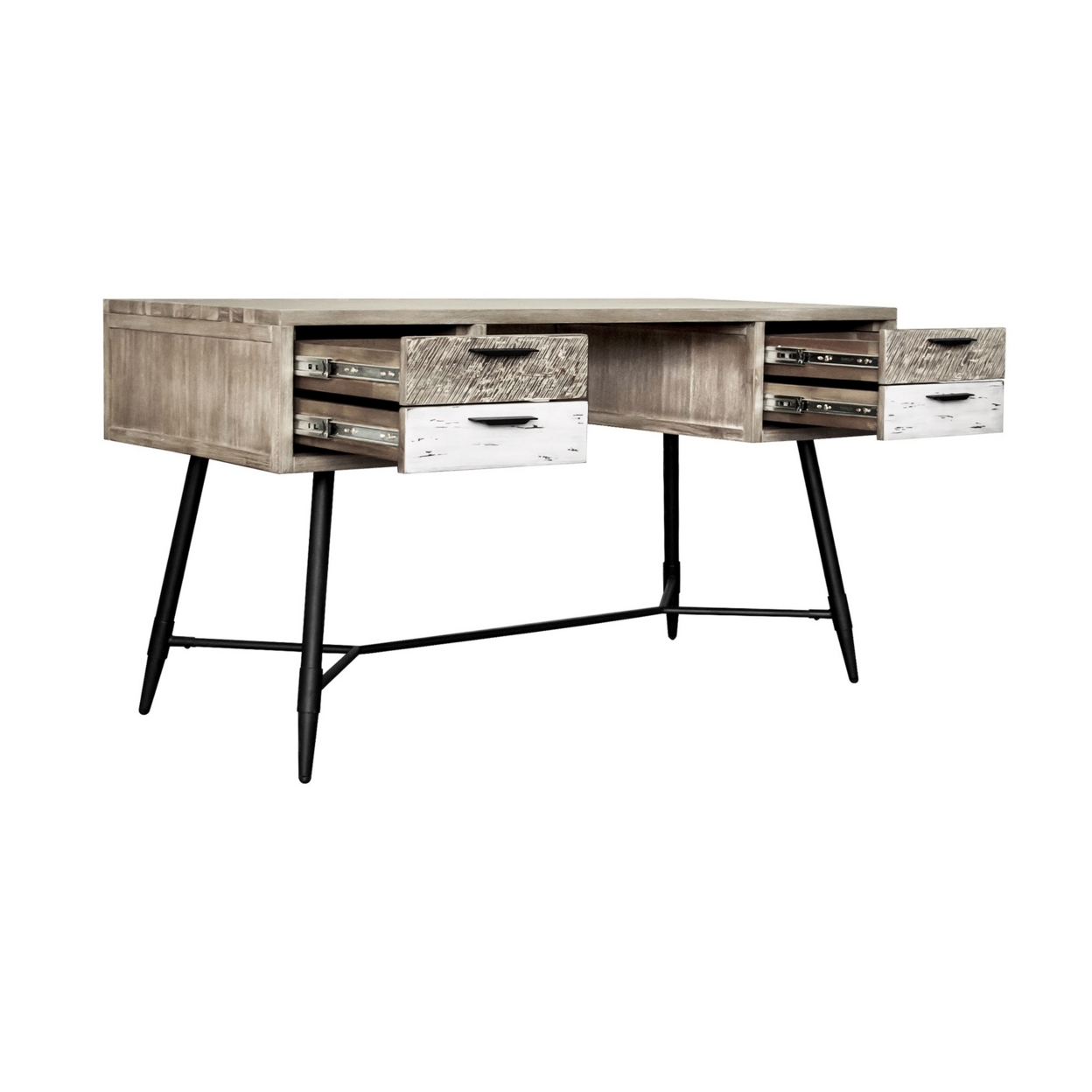 Aliz 55 Inch Modern Acacia Wood Office Desk, 4 Drawers, Metal Legs, Brown- Saltoro Sherpi