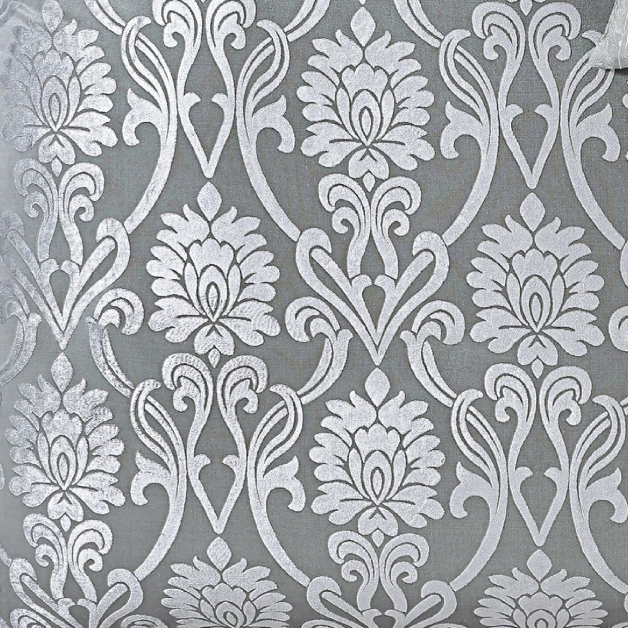 Emma 10 Piece Polyester King Comforter Set, Gray Silver Velvet Damask Print- Saltoro Sherpi